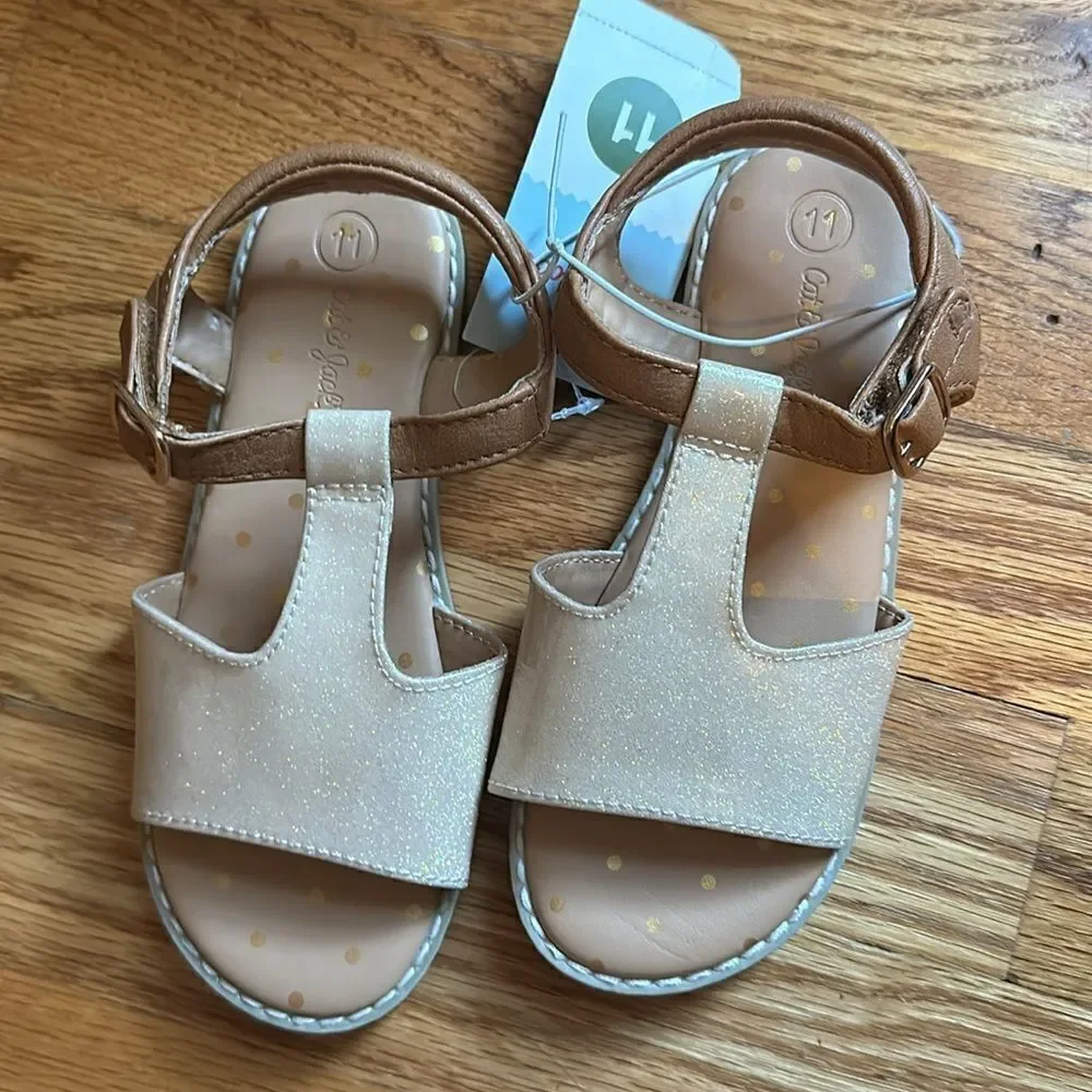 Girls Cat & Jack Summer Sandal Shoe Flat Gold Tan Glitter Shimmer Size 11 NWT